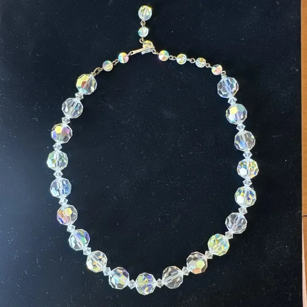 Vtg Crystal Necklace Aurora Borealis‎ Adjustable 3 1/4” Beads 16” Collectible